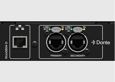 Dante and control network ports on the RUio0804-D rear panel