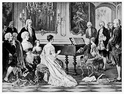 19th century drawing of Mozart and his sister performing for Empress