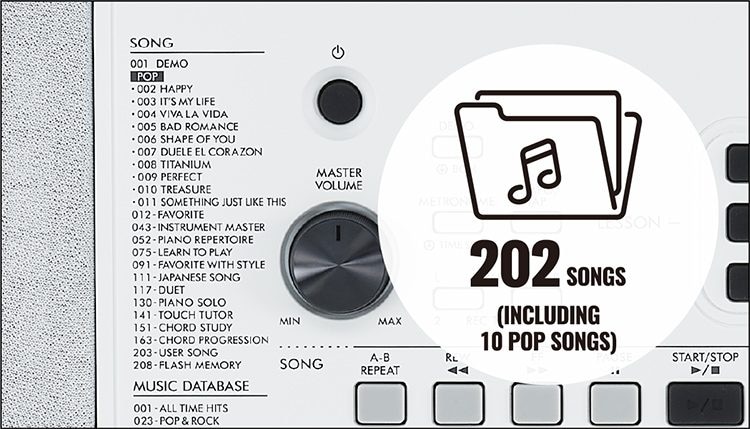 202 de melodii încorporate, inclusiv 10 melodii pop, plus capacitate suplimentară cântec